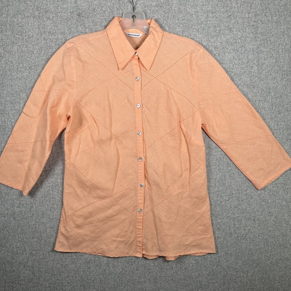 Richard Malcolm Shirt Womens Small 100%‎ Irish Linen 3/4 Sleeve Button Up Orange